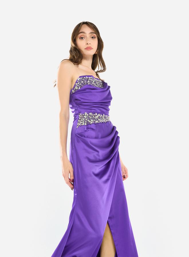 House of Moda Women Embellished Draped Satin Slit Gown Maxi Dress - Image 4